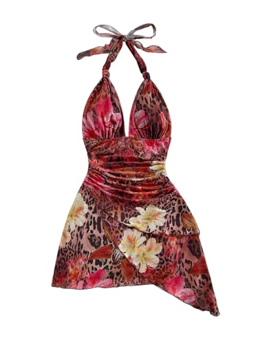 Image of SOLY HUX Women's Y2K Summer Beach Halter Mini Dress | Retro Floral Dress, V Neck, Backless, Club Nightout, Sexy Going Out Clothes, Birthday Dress