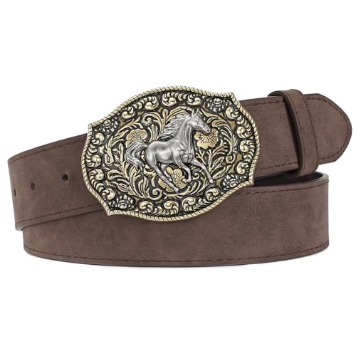 SANSTHS Cowboy Belts for Men Women - Western Belt and Buckle PU-Leather Rodeo Cowgirl Belt for Jeans Brown Horse 1.5