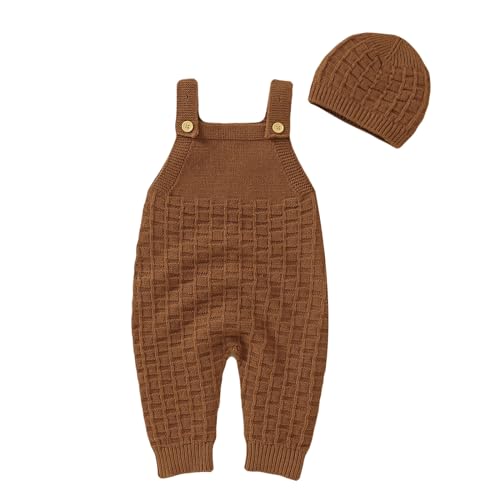 Bebé recién nacido Bebé Recién Nacido Pelele de Punto de Algodón sin Mangas Correa Niño Niña Sólido Suéter Ropa Bebé Mono con Sombrero Trajes Medias Bebé 80 (Café, 9-12 Meses)