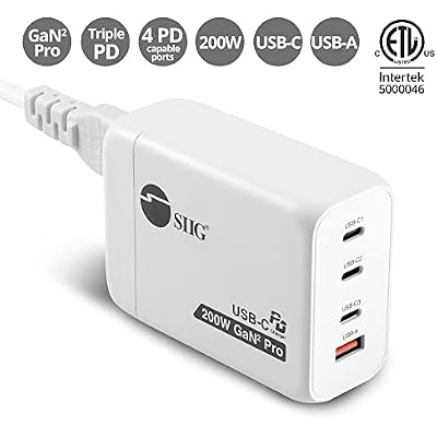 SIIG 200W USB C Charger Block, 4-Port GaN Fast Charging with 100W PD, QC3.0 65W PPS, 3X USB-C 1x USB-A, for MacBook Pro/Air, iPad, iPhone 14 Pro, Galaxy S23, Steam Deck, Pixel (AC-PW1V11-S1)