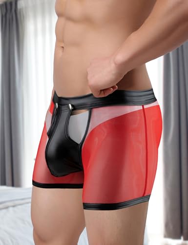 ohmydear Men Sexy Boxer Briefs See Through Mesh Underwear Funny Button Faux Leather Removable Pouch Breathable Underpants2