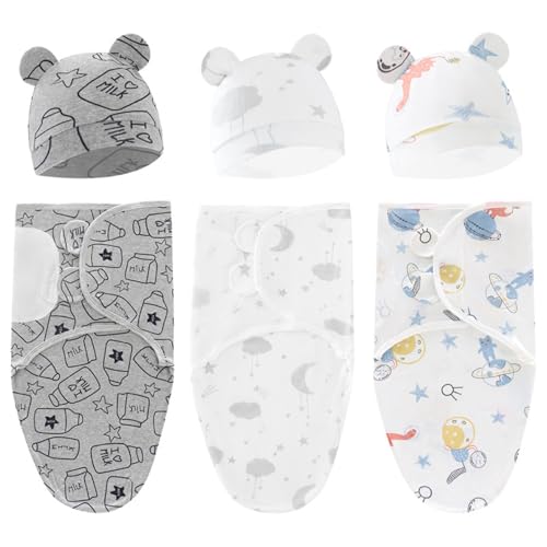 3 sets Baby Swaddle Sleep Sack con sombreros Swaddles para recién nacidos Swaddle Soft Baby Baby Pwaddling Manetas lindas Baby Baby Pwaddling Mantas durante 0-3 meses, Swaddle de recién nacidos