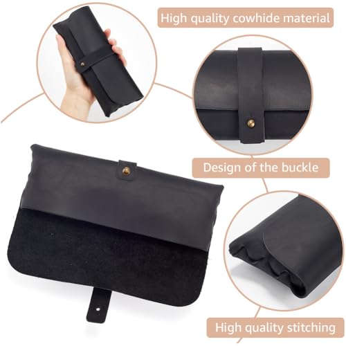 Image of GORGECRAFT Retro Black Crazy Horse Leather Pencil Case Genuine Leather Snap Cover Pen Cases Large Capacity Leather Pencil Pouch Vintage Holders for Pen Pencils Men Women Glasses Sunglasses