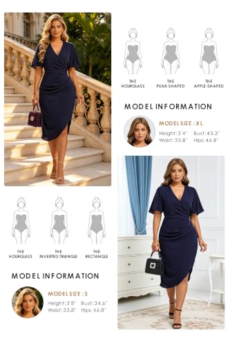Image of Women's Wrap V Neck Asymmetrical Hem Midi Ruched Cocktail Evening Dress | Back Zipper, Regular Fit, Club Night, Semi Office Formal, Wedding Dinner Date, Flutter Short Sleeve