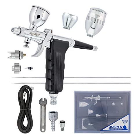 Master Airbrush Model G77 Pistol Trigger Fixed Dual-Action Gravity Feed Airbrush, 2 Nozzle Sets (0.3 & 0.5mm), Spray Gun Fan Head, Round Pattern Head, 3 Cup Sizes, 6' Hose - Auto Graphics, Art, Hobby Cover