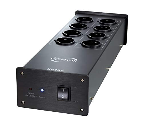 Dynavox filtr sieciowy Hi‑Fi X4100B, listwa zasilająca z 8 gniazdami, z kontrolną diodą LED sygnalizującą prawidłową polaryzację (fazę), kolor czarny