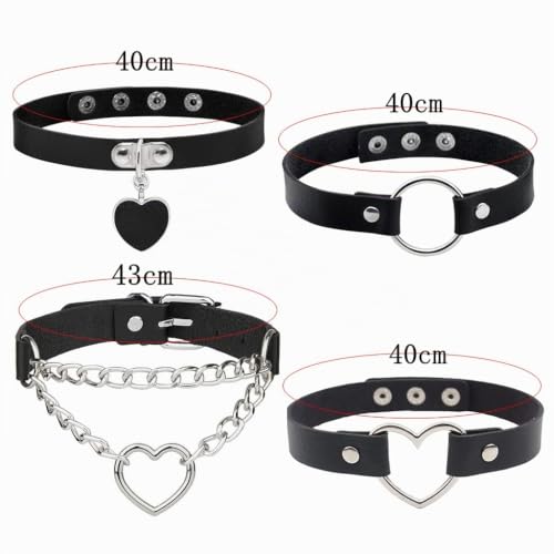 Foto von Conruich 4 Stück Leder Choker Damen Herz Anhänger Choker Einstellbar PU Leder Halskette Set Metall Ring Halsband Schwarz Punk Rock Gothic Halsband Kragen mit Kreis Herz für Frauen Zubehör