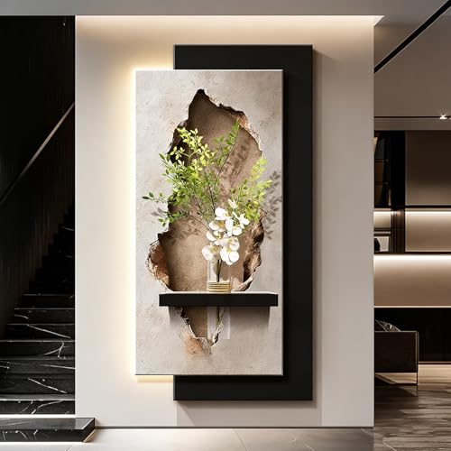 Image of ATCKCALB 3D led Sandstone wall Sculpture with Frosted Texture, Glass vase and led Light Strip. Modern wall Decor for Living Room, entryway and Bedroom(A,120 * 60cm/47.2 * 23.6in,with Light)