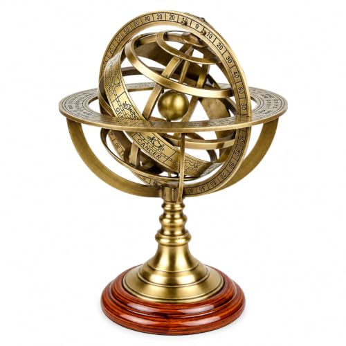 Nagina International - Globe terrestre vintage en laiton avec sphère armillaire du zodiaque, base en bois | Décor d’ancien bateau de pirate, Laiton antique, marron, Taille M