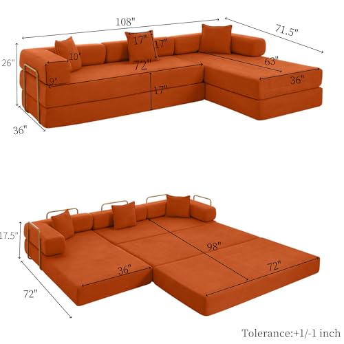 Image of HANXIN 108 inch Modular Sectional Sofa,Futon Convertible Sofa Bed,Oversized Corduroy Boneless Couch for Living Room,Floor Loveseat Sleeper with Pull Out Bed,Free Combination,No Assembly Required (Orange)