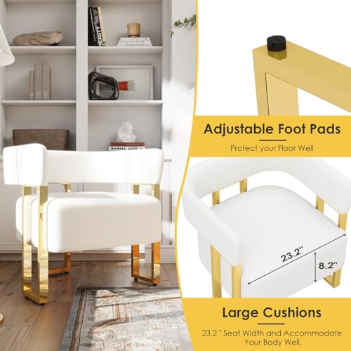 Image of Boucle Dining Chairs Set 2, White Upholstered Accent Armchairs, Gold Legs | STHOUYN Mid Century Modern Barrel Style, Gold Metal Legs, Kitchen Living Room Apartment