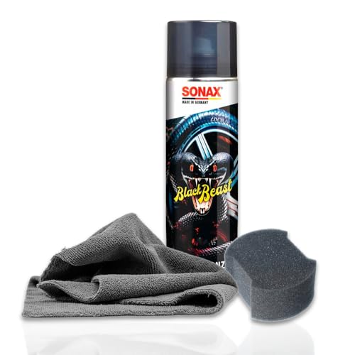 Auto Reifenpflege Set | Sonax ReifenGlanz Special Edition 500ml + Applikator Pad + Mikrofasertuch | Reifenglanzspray zur Pflege und Auffrischung von Reifen