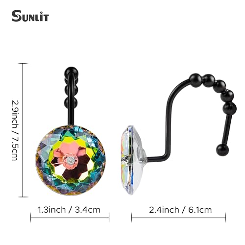 Sunlit Luxury Design Glitter Round Colorful Diamond Crystal Gem Bling with Glide Balls Shower Curtain Hooks, Rust Proof Metal Rhinestones Glam Shower Curtain Rings with Black Hooks, Set of 12 by Sunlit - Image 4