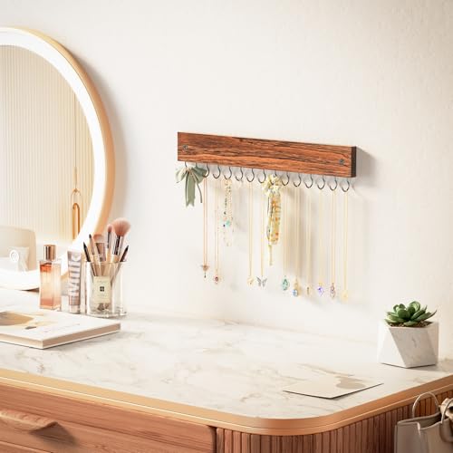 Lolalet Hängender Schmuck Organizer mit 15 Haken, Hölzerne Halsketten Ketten Aufhänger Wandmontage Wandhalterung für Halsketten, Armbänder und Ohrringe Hängeaufbewahrung -Braun
