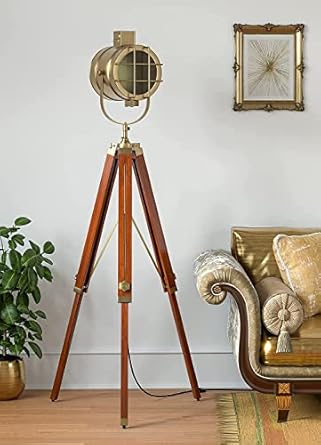 Royal Nautical UTC Wooden Brown and Brass Antique Gold 5ft Height Adjustable Tripod Floor Lamp Standing with Moveable Spotlight