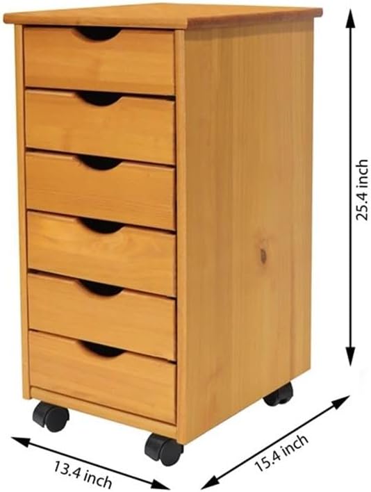 Pemberly Row Modern Solid Wood 6-Drawer Roll Utility Cart, Med Pine Finish, 15.25 x 13.25 x 25.75 in, Compact Mobile Storage with Casters, Removable Drawers, Home Office or Craft Room Organization