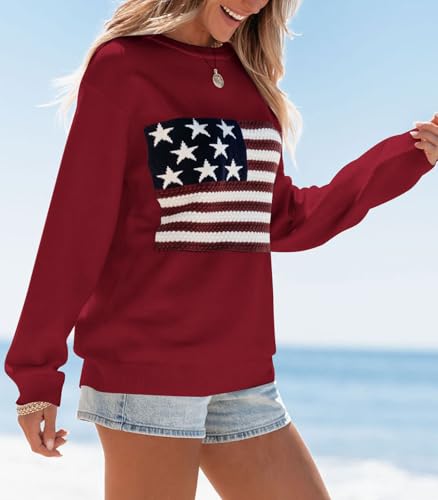 Image of Dressmine Womens American Flag Sweater Knit Long Sleeve Crew Neck Graphic Elegant Soft Loose Pullover