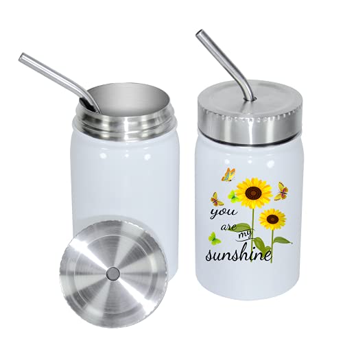AGH Sublimation Blanks Mason Jar 17 oz, Insulated Drinking Jars Wide Mouth with Lid and Metal Straw, Stainless Steel Double Wall Coffee Tumbler Jar Compatible with Cricut Mug Press, 2 Pack