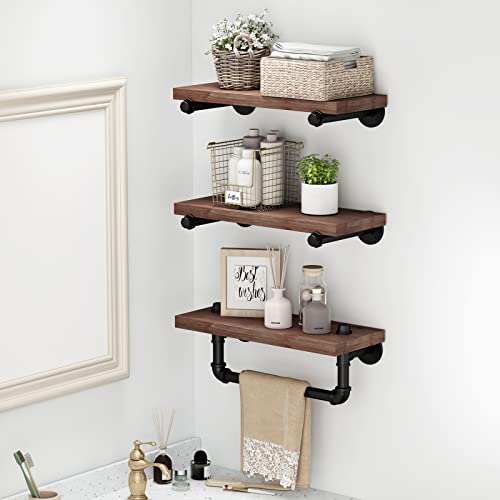 Bosuru Industrial Iron Pipe Shelves Wall Mount Wood Floating Shelf Rustic Diy Storage Shelving With Towel Rack For Bathroom,Living Room,Bedroom(Black,3-Tier) #TOP4