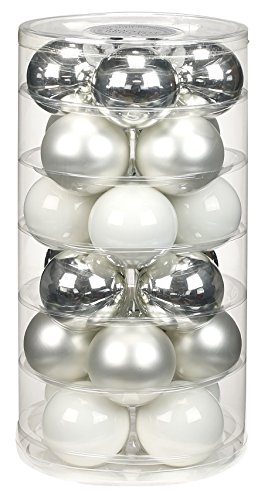 24 Christbaumkugeln Glas 6cm // Weihnachtskugeln Weihnachtsschmuck Weihnachtsdeko Baumkugeln Baumschmuck Christbaumschmuck Kugeln Glaskugeln Dose, Farbe: Silber Glanz/weiß matt/porzelanweiß