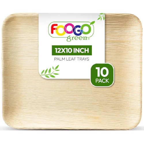 FOOGO Green 10 Bandejas Desechables de Hoja de Palma, Grandes 30x25 cm, Pizza, Entrantes, Canapés, Charcutería, Resistentes Como las Bandejas de Madera para Comida Caliente y Aperitivos