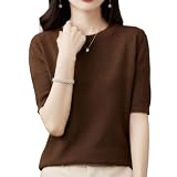 [Big laugh] ニット トップス シャツ サマー セーター 5 分 半 袖 ラウンド ネック ブラウス レディース (コーヒー, XL)
