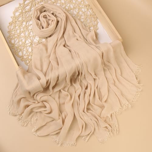 Cotton Linen Plain Hijab Scarf For Women,Muslim Viscose Crinkle Edge With Fringe,Summer Beach Wrap Headwraps Shawl3