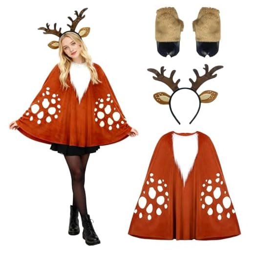 Mprocen Deer Costume Set for Women Adult, Christmas Reindeer Cloak Cape with Ears Headband Gloves Animal Outfit Halloween Prop