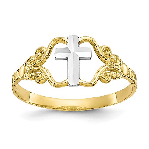 Solid 10k Yellow and White Gold Two Tone Polished Cross Ring (2mm)