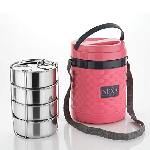 Daas Kitchenware Crazy Deluxe 4 Container Lunch Box Double Wall Insulated Stainless Steel Outer Plastic Tiffin Box Set With, 800Ml (Pink – Crazy 4), Standard