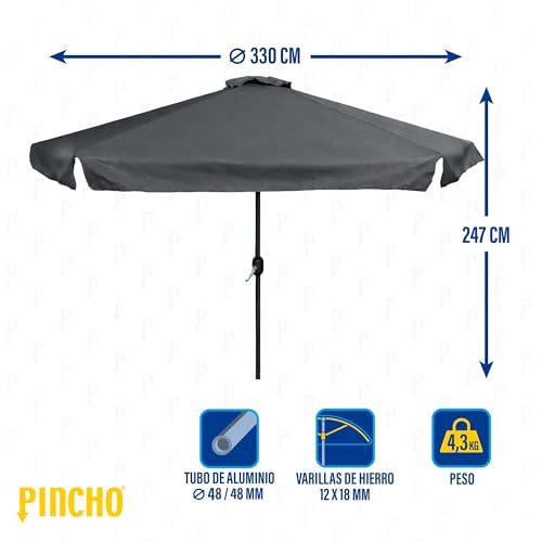 Pincho Sombrilla Terraza Exterior 300cm, Sombrilla Jardín Grande con Ventana Superior, Tela Poliéster 170gr/m2, Aluminio, Protección Solar UV50+ (ANTRACITA 330 CM)