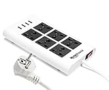 MutecPower Flaches 6-Fach universal-Steckdosenleiste mit 4X USB-Ladervorrichtung Ports - 100 V bis 220 V / 250 V und 2500 Watt Überspannungsschutz mit Leistungsschalter - SCHUKO Stecker