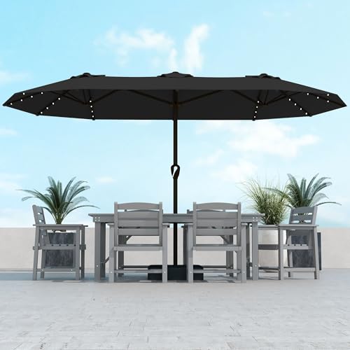 Kingdura 15ft Large Patio Umbrella with Solar Lights, Double-Sided Rectangle Lighted Outdoor Table Umbrella with Base Included, 12 Reinforced Ribs, 48 Led Lights, Crank Lift for Market Pool Deck Backyard, Black