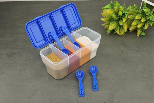 Image of TASTIC Multipurpose Plastic 4 in 1 Masala Box for Kitchen | Spice Boxes for Kitchen | Transparent 4 Compartment Storage Containers Airtight | Dabba with 4 Spoons | (BLUE, STANDARD)