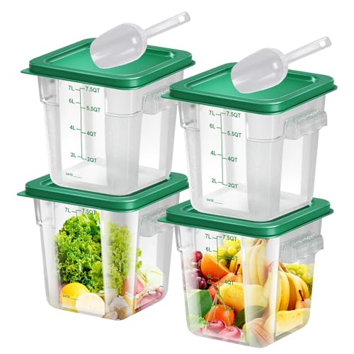 FeyBuosk 4 pcs 8qt Food Storage Containers with Lid, Square Clear Commercial Storage Containers with Handle and Scale for Food Storage in Home Kitchen & Dining (Green)