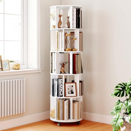 Turosur 5-Tier Rotating Bookshelf Bookcase (White) 360-Degree Revolving BookShelf Floor Standing Shelves Space-Saving Storage Organizer for Bedroom Living Room Office - Image 6