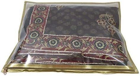 Set of 10 Pc Transparent Saree Covers/Saree Bags/Storage Bags/Clothes Covers with Stainless Steel Zip Lock Combo (Suitable for Single Saree Pack) (Golden)