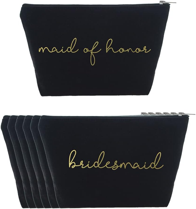 Tees & Tails Bridal Party Make Up Bag Set (Black, Bridesmaid (6 Qty) + Maid Of Honor (1 Qty))