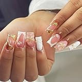 White French Tip Press on Nails Gold Line Fake Nails Medium Square False Nails with Ice Flower Designs Reusable Embossed Nails Reusable Stick on Nails Cute Pearl Acrylic Nail for Women Manicure 24Pcs