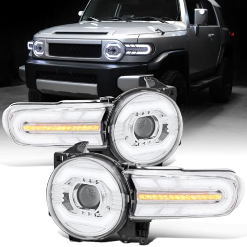 Ronnin - Fits 2007-2014 Toyota FJ Cruiser Halogen Projector Headlights LED Sequential Turn Signals + Animated Startup Effect Assembly Pair | Chrome