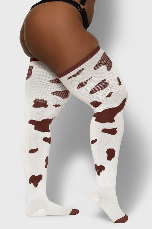 Image of Thunda Thighs Plus Size Thigh High Socks, Over the Knee High Boot Stockings Leg Warmers, Extra Long & Thick Socks Cow Print White & Brown