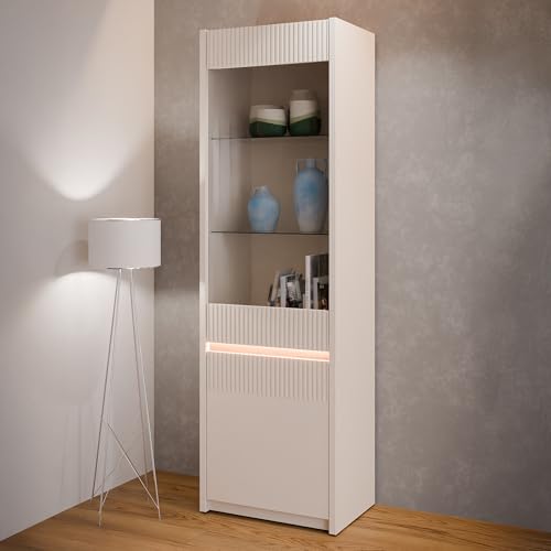 Forte Oak SQUERE Vitrine 60, Elegante Wohnzimmervitrine mit 2 Türen, Glasfront und Beleuchtung, Holzwerkstoff, Mauvella Eiche Holzdekor/Sand, 60,6 cm breit x 197,9 cm hoch x 41,5 cm tief