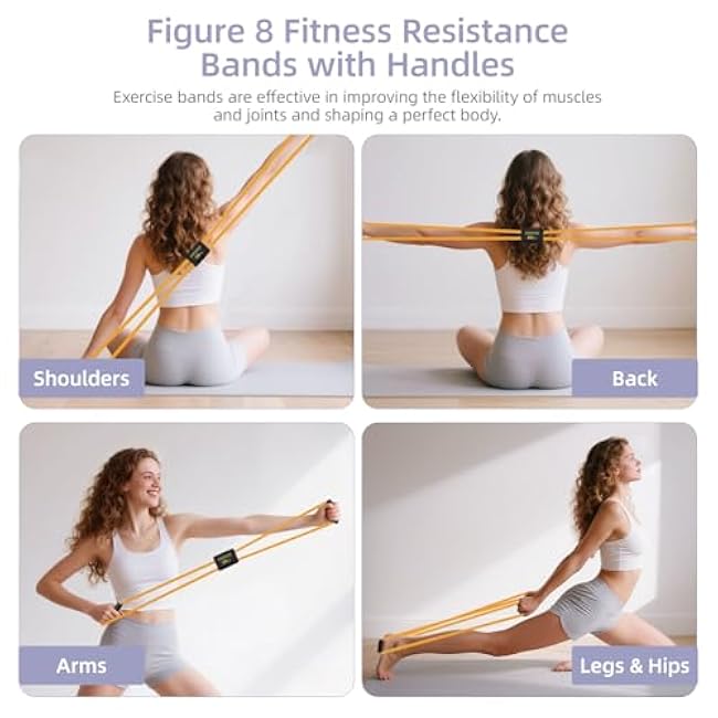 Figure 8 Resistance Bands with Handles for Women Men, Exercise Bands for Back, 8 Shaped Resistance Bands for Arms, Shoulder, Leg Stretching, Physical Therapy, Yoga, Pilates, Home Gym Workout Equipment
