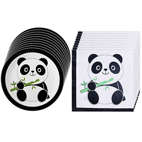 RFAPTDM 30 Pcs Panda Disposable Tableware Set, Including 10 Panda Paper Cake Plates and 20 Panda Baby Napkins Birthday Party Decorations for Boys Girls and Baby Shower