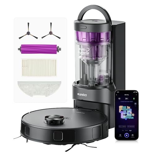 Eureka E20 Plus Aspirateur Robot de 8000 Pa avec Station de Vidange Automatique sans Sac, Robot Aspirateur Laveur Anti Enchevêtrement, Évitement d'Obstacles 3D, Autonomie de 180 Minutes, DuoDetect AI