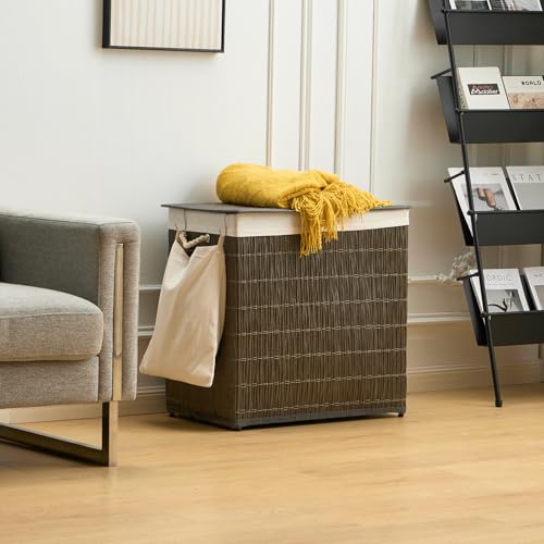 Laundry Hamper with Lid, 39.6 Gallon(150L) Large Laundry Basket 2 Removable Liner Bags, Synthetic Rattan Clothes Hamper with Side Pocket, laundry organization for bathroom, laundry room, Grey by Hiagnete - Image 5
