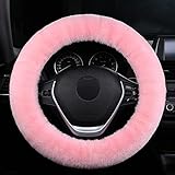 MLOVESIE Fluffy Wool Car Steering Wheel Cover Genuine Sheepskin Steering Wheels Interior Accessories for Women Anti-Slip Universal for 15 inch (Pink)