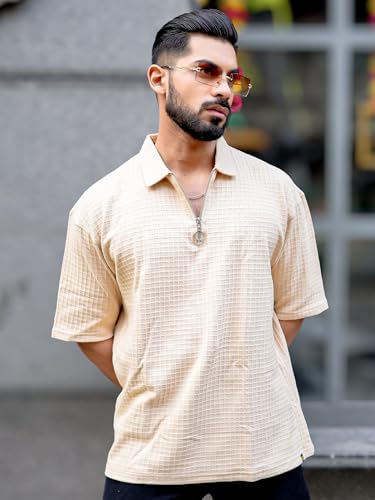 Image of Maniac || Mens || Solid Textured || Polo Neck || 3 /4th Sleeve || Cotton || Oversized Polo T-Shirt
