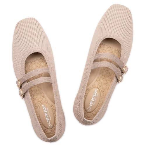 Image of Frank Mully Women's Flats Square Toe Mary Jane Shoes Ballet Flats with Strap Comfortable Slip On Knit Shoes Dressy Casual