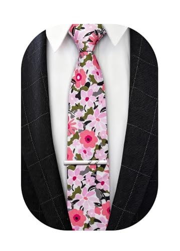 Image of Barry.Wang 100% Cotton Floral Ties for Men 63 inch Extra Long Necktie Clip